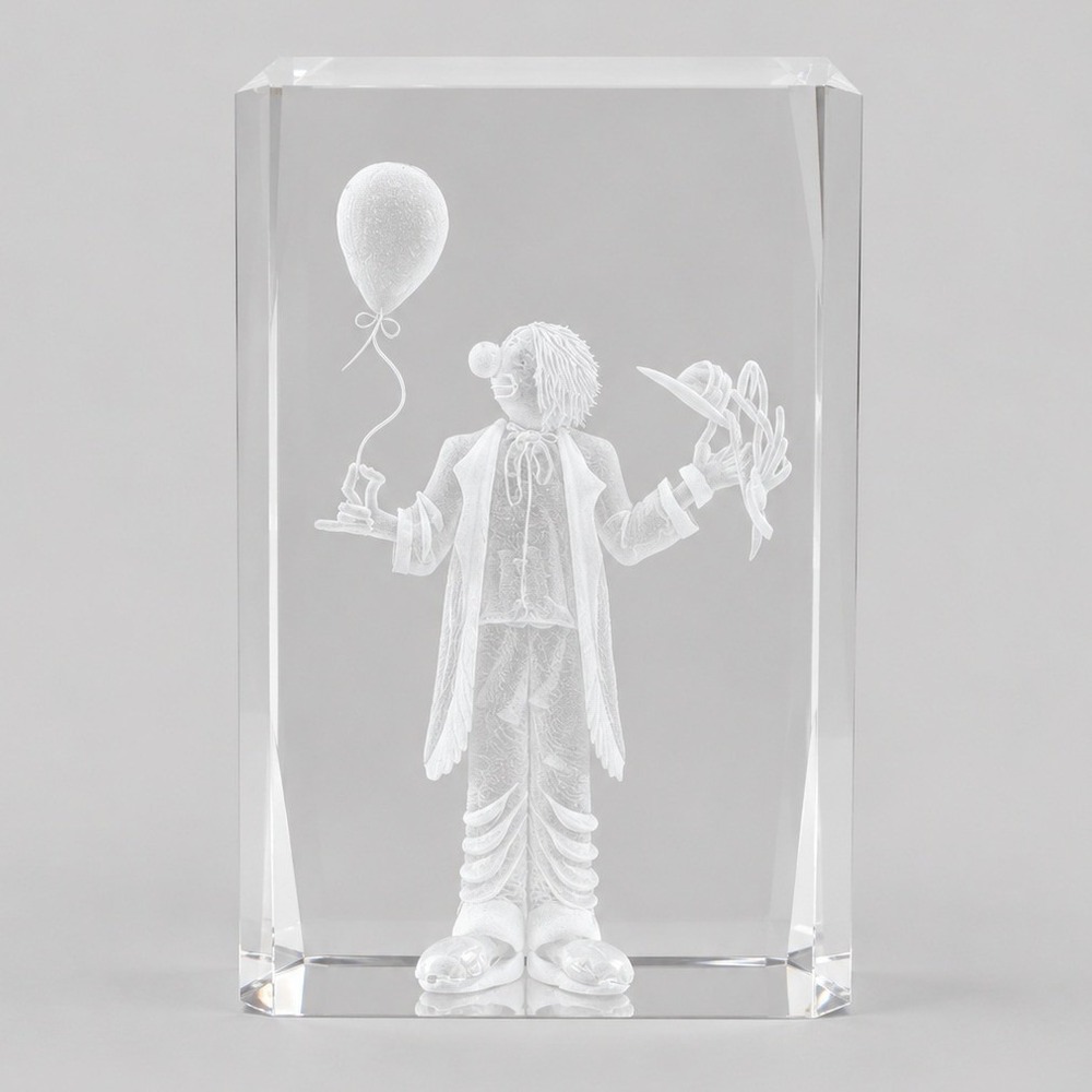 Vintage 3D Laser Etched Crystal Glass Paperweight Clown with Balloon 3.25in